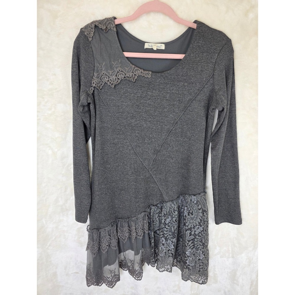 Indigo Soul Womens Gray‎ Lace Trim Long Sleeve Tunic Top Boho Asymmetrical Small